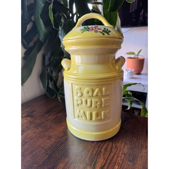 Vintage 1970s Country Yellow Hand-Painted "5 Gallon Pure Milk" Ceramic Canister - Picture 3 of 10
